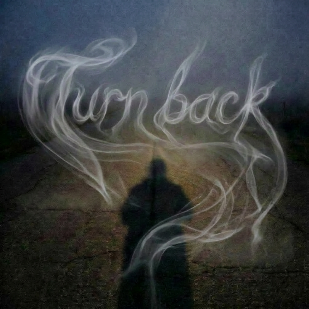 Shadow on a foggy, cracked road with smoky text: turn back.
