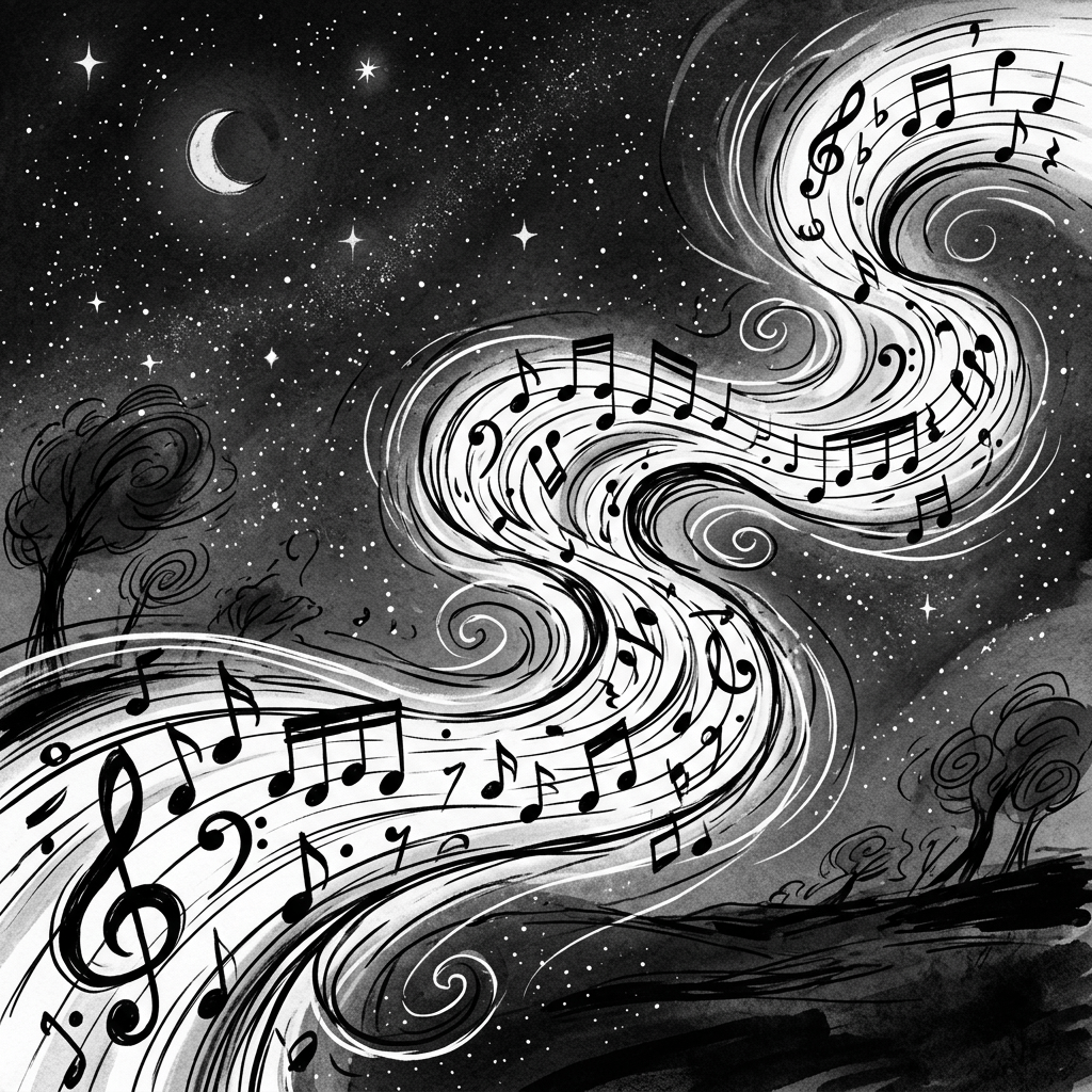 Black and white animated music notes flowing wind