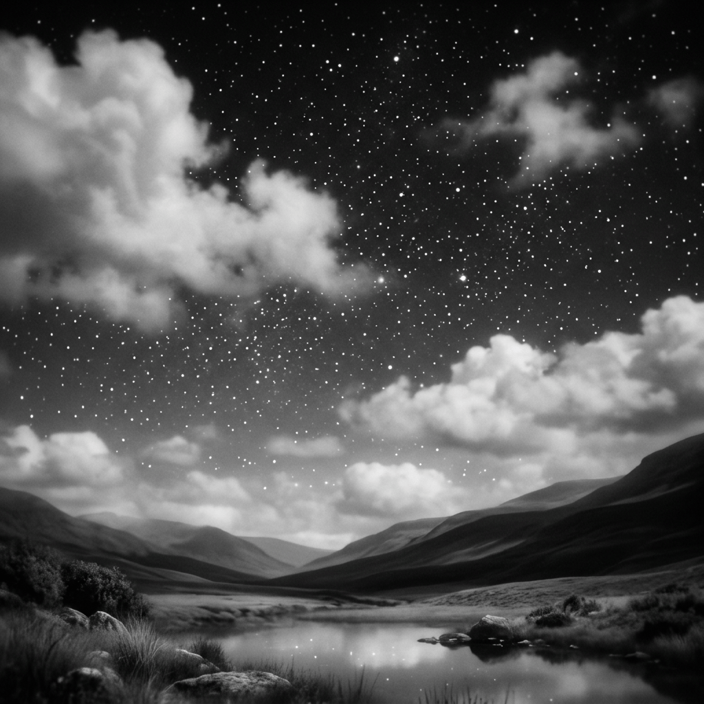 Mountain lake and valley beneath stars and clouds